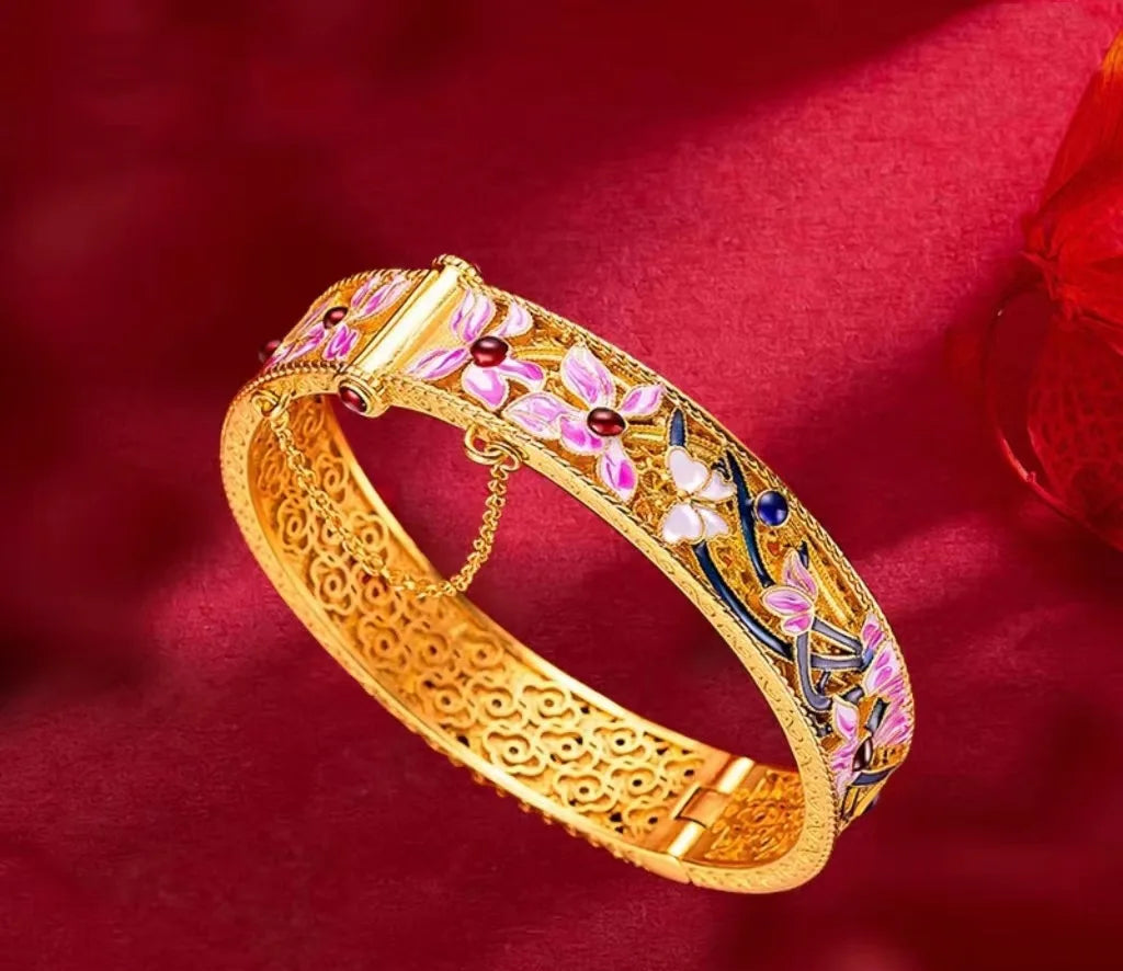 24K Gold High Quality Orchid Enamel Bangle