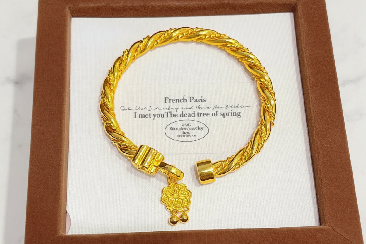 24K Gold Peach Blossom Open Bangle Bracelet for Women Lucky Symbol Jewelry