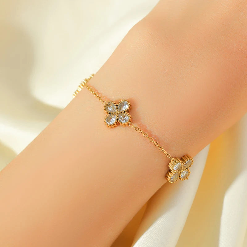 Gold-Tone Flower Zirconia Jewelry Set  Waterproof Stainless Steel