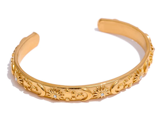 Vintage Gold Moon Star Sun Cuff Waterproof Stainless Steel Bangle