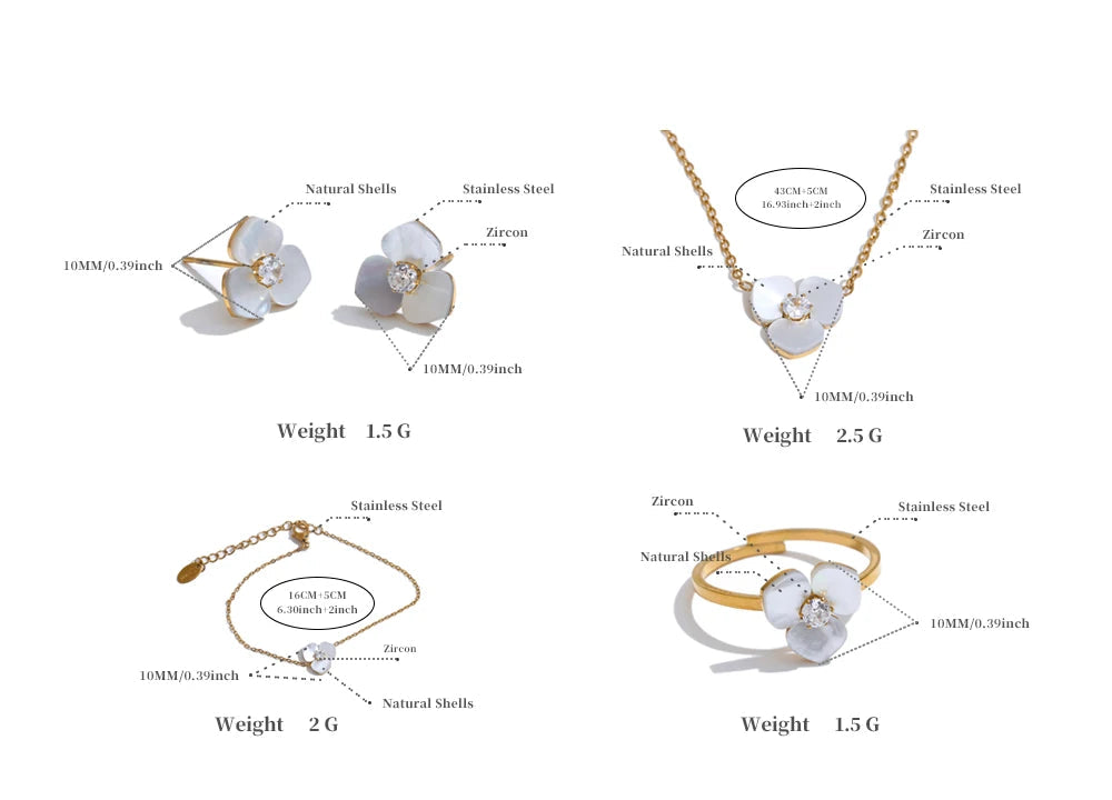 Shell Flower Jewelry Set Waterproof Gold Tone Stainless Steel