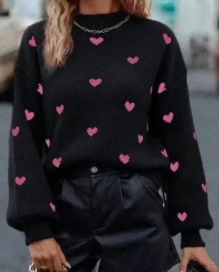 Women’s Heart Print Round Neck Sweater