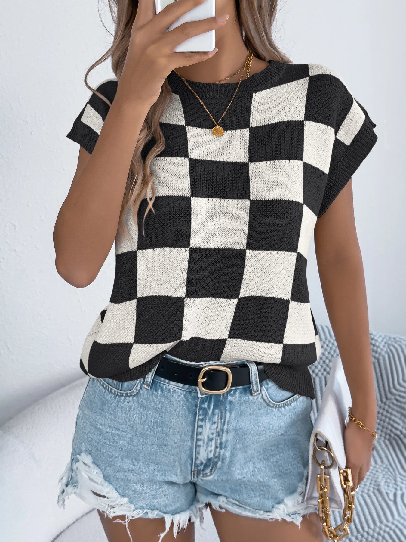 Color Block Plaid Knit Top Short Sleeve Pullover