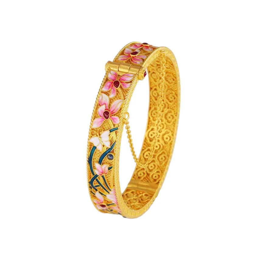 24K Gold High Quality Orchid Enamel Bangle