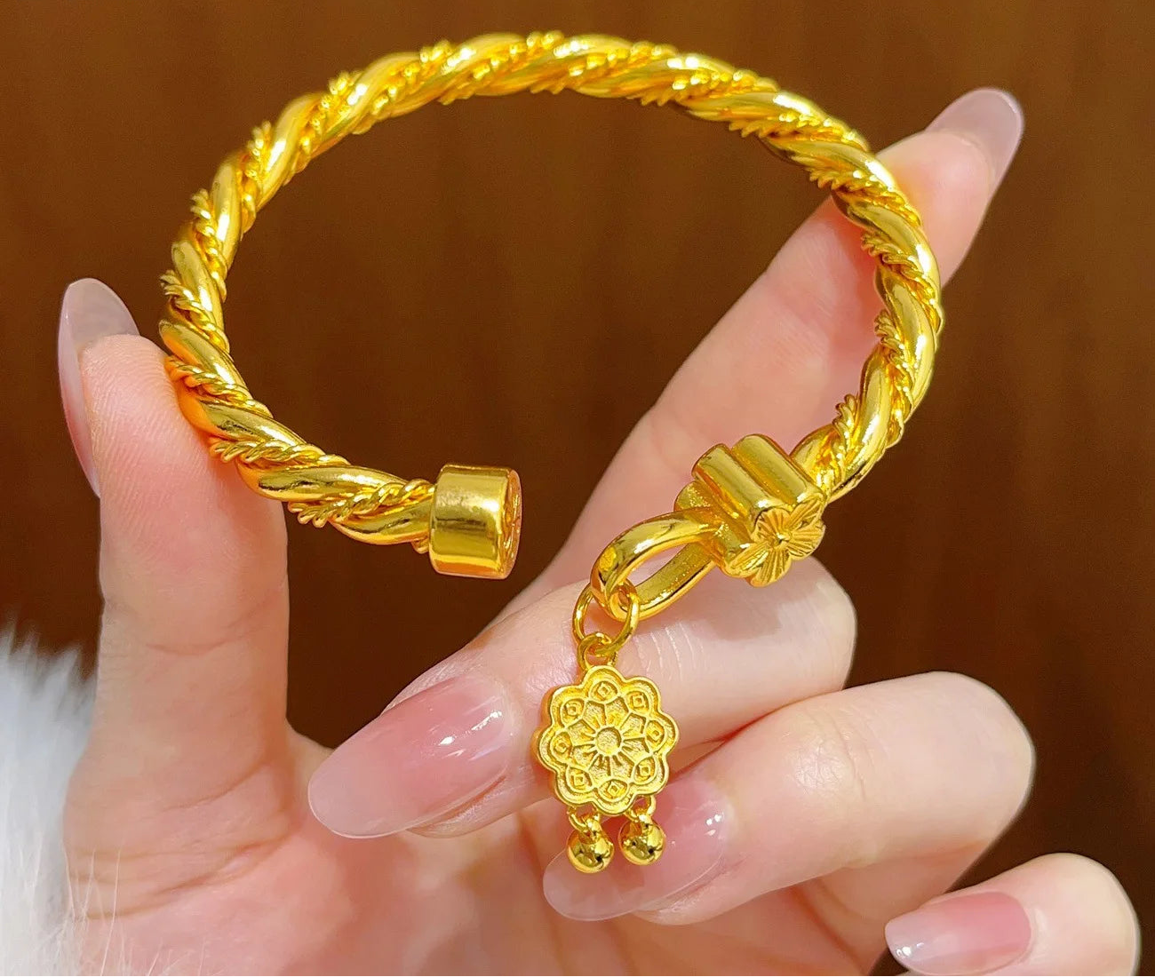 24K Gold Peach Blossom Open Bangle Bracelet for Women Lucky Symbol Jewelry