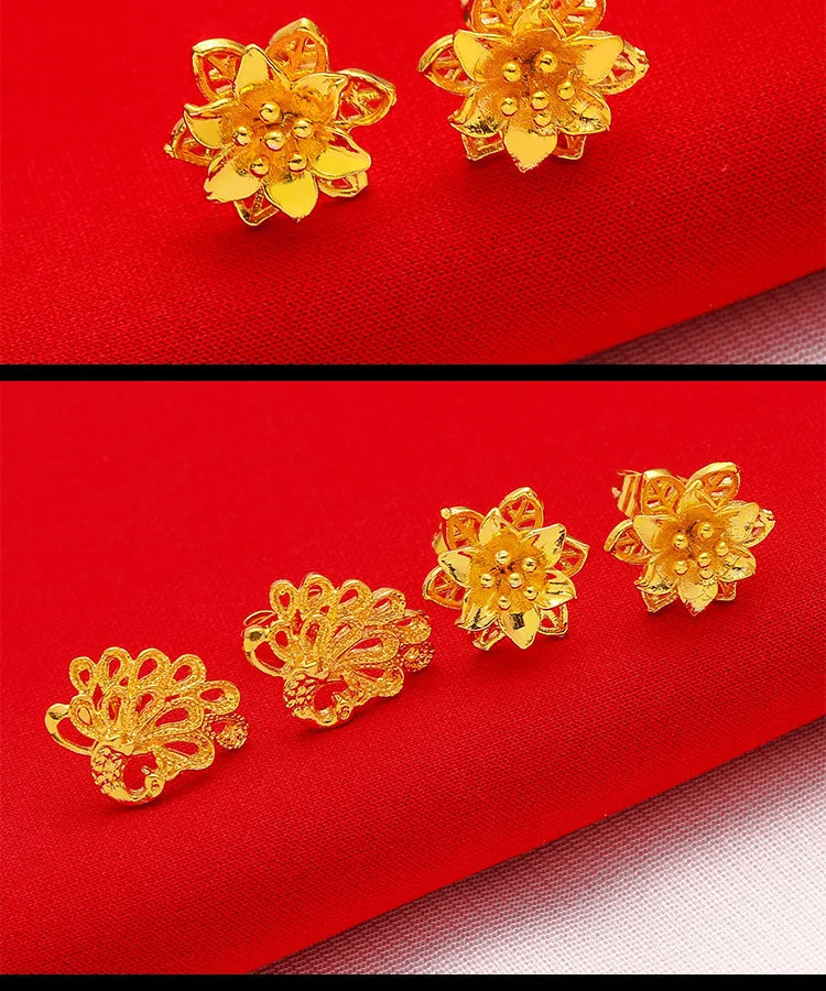 24K Gold Flower Euro  Coin Stud Earrings Vintage