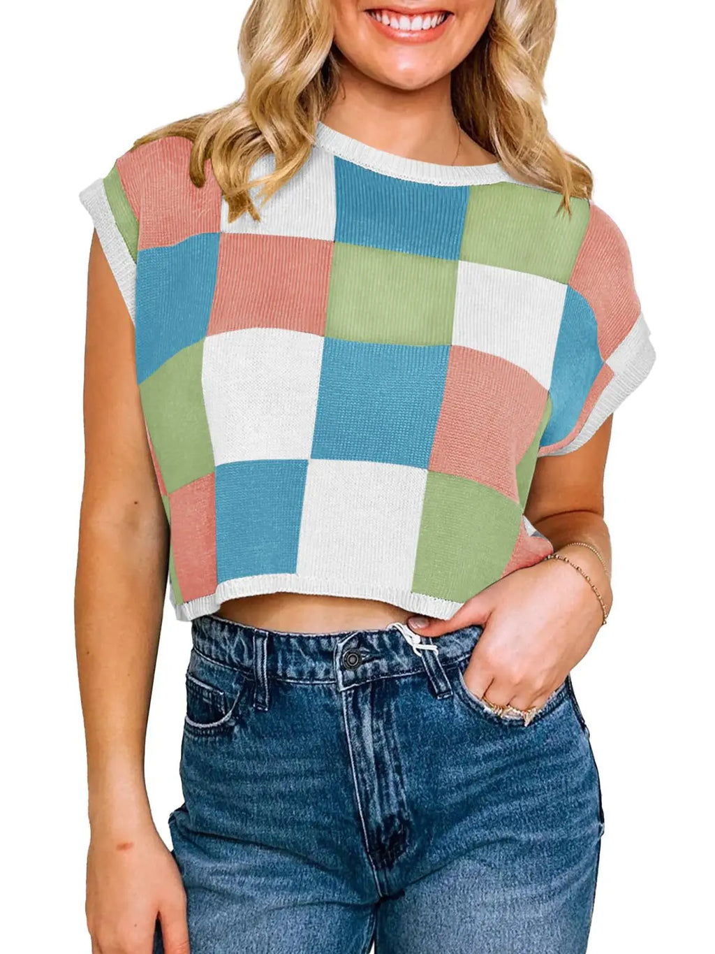 Color Block Checkerboard Knit Crop