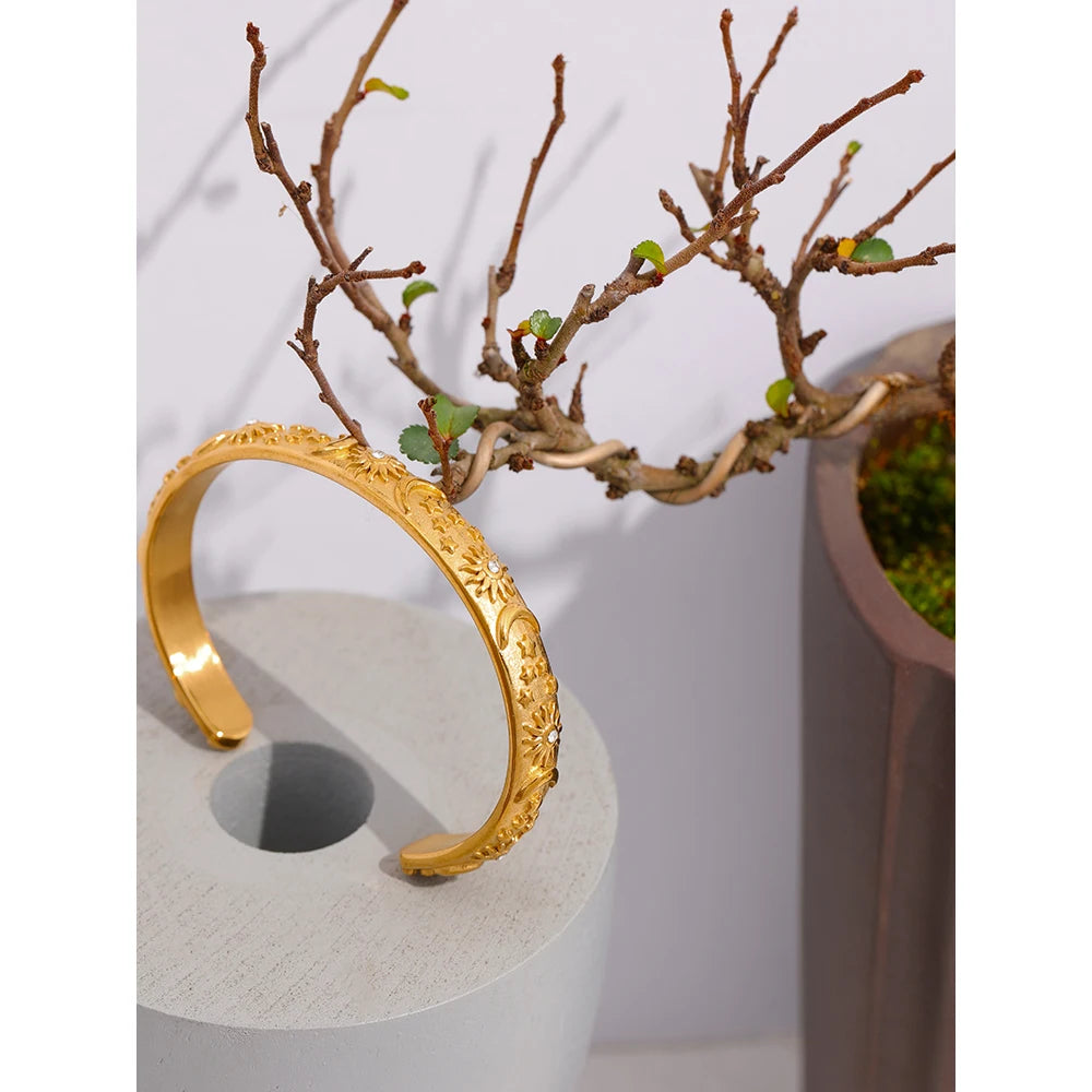 Vintage Gold Moon Star Sun Cuff Waterproof Stainless Steel Bangle