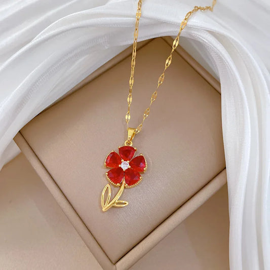 Red Crystal Flower Pendant Necklace – Stainless Steel