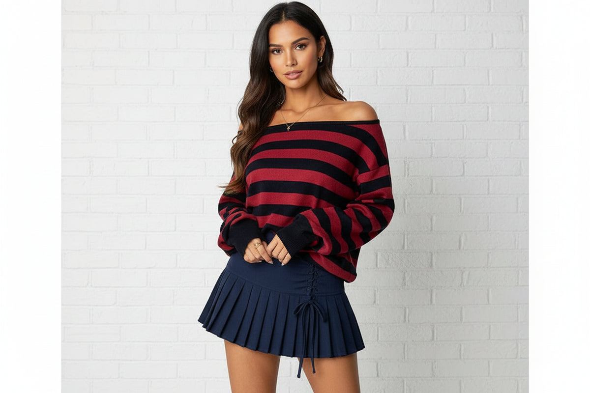Striped Off-Shoulder Oversized Sweater