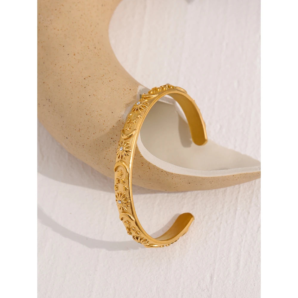 Vintage Gold Moon Star Sun Cuff Waterproof Stainless Steel Bangle