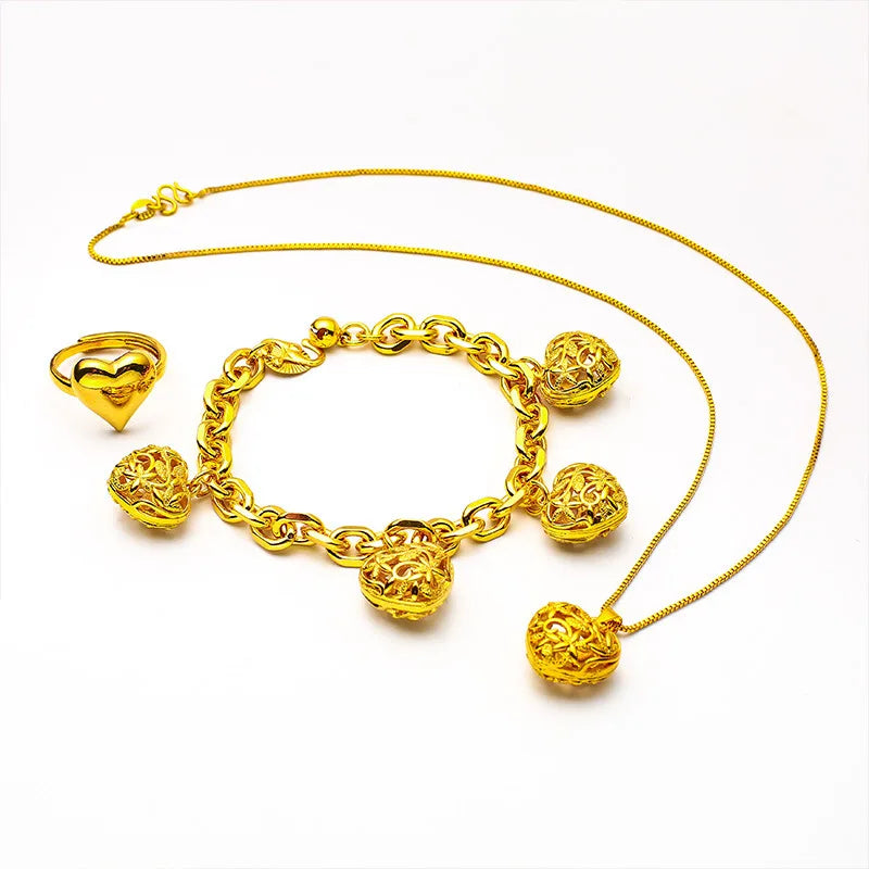 24K Gold Hollow Love Vintage Necklace Bracelet & Ring