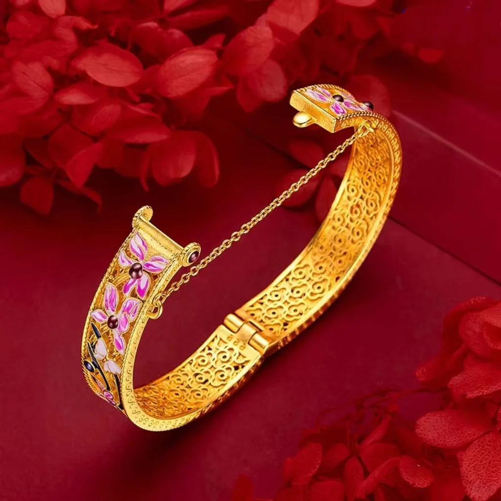24K Gold High Quality Orchid Enamel Bangle