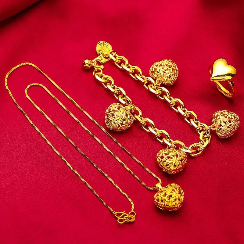 24K Gold Hollow Love Vintage Necklace Bracelet & Ring
