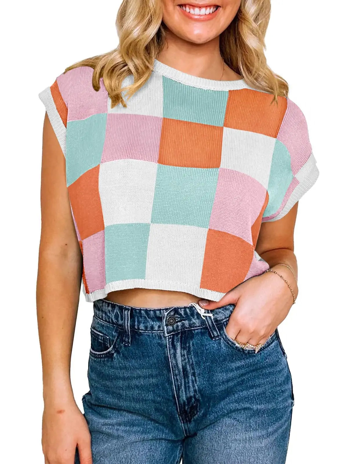 Color Block Checkerboard Knit Crop