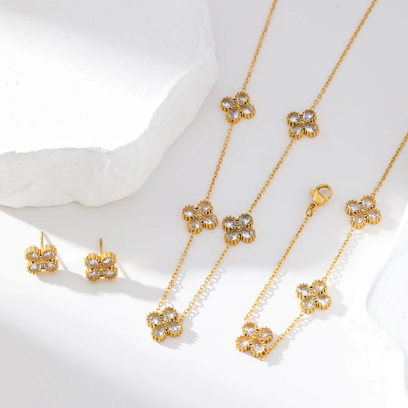 Gold-Tone Flower Zirconia Jewelry Set  Waterproof Stainless Steel