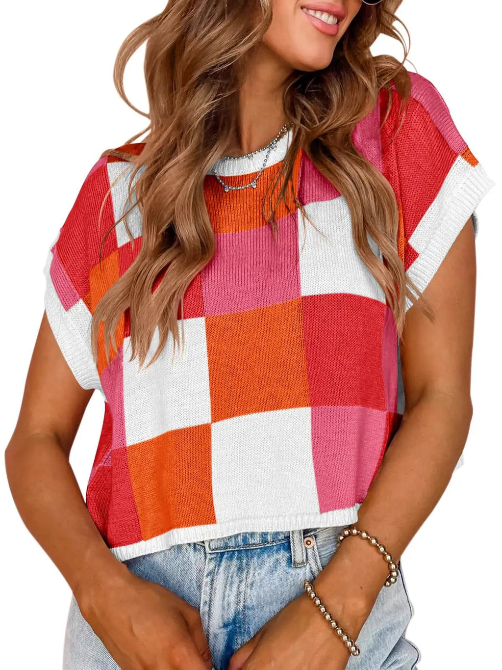 Color Block Checkerboard Knit Crop