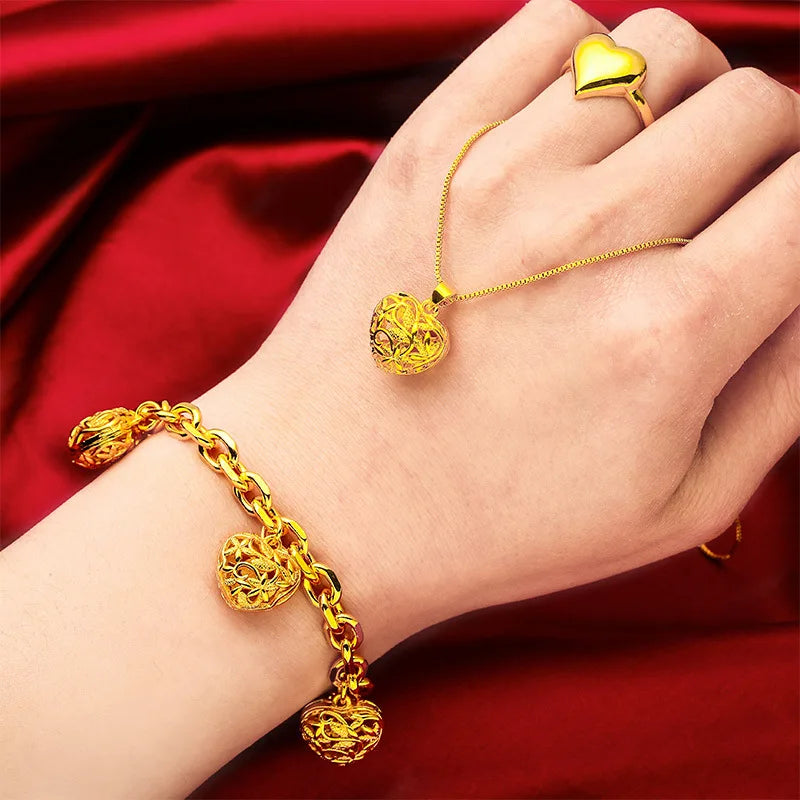 24K Gold Hollow Love Vintage Necklace Bracelet & Ring