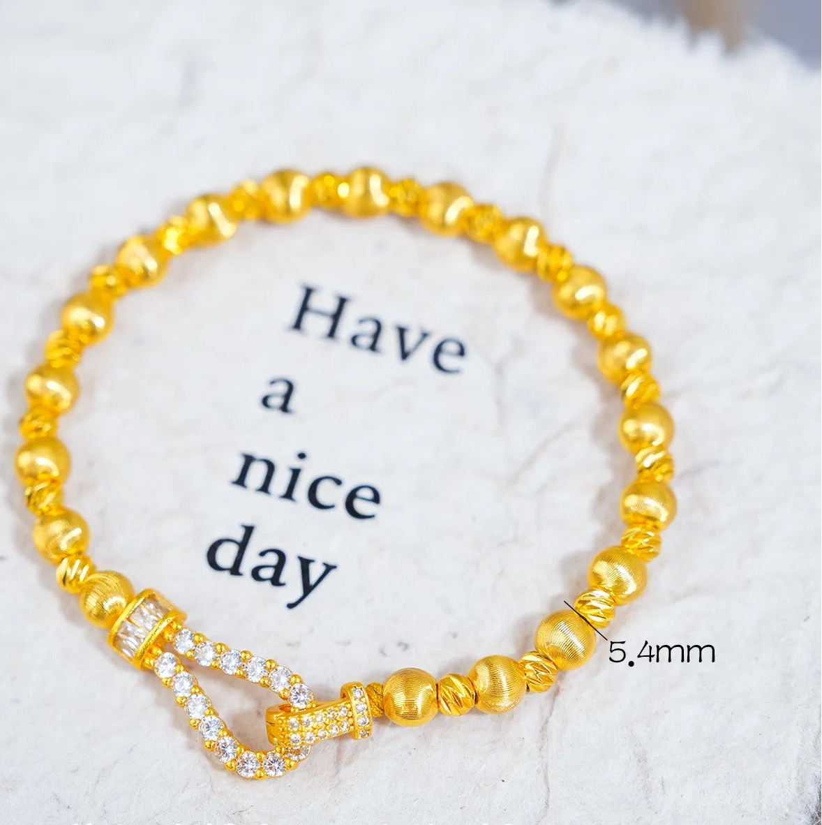 24K Gold Filled Cat Eye Bead Bracelet for Women Horseshoe Clasp Zircon Elegant