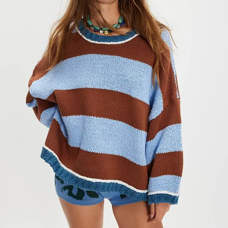 Women Striped Crew Neck Sweater Loose Fit Casual Knit Pullover Top