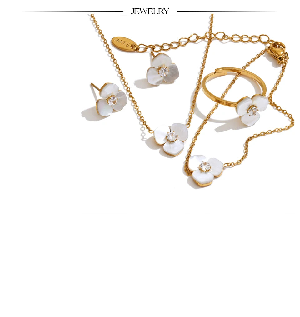 Shell Flower Jewelry Set Waterproof Gold Tone Stainless Steel