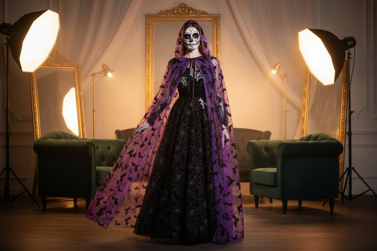 Bat Print Hooded Halloween Cape