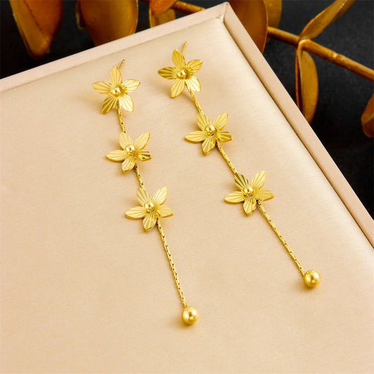 Gold Plated Flower Tassel Earrings Stainless Steel