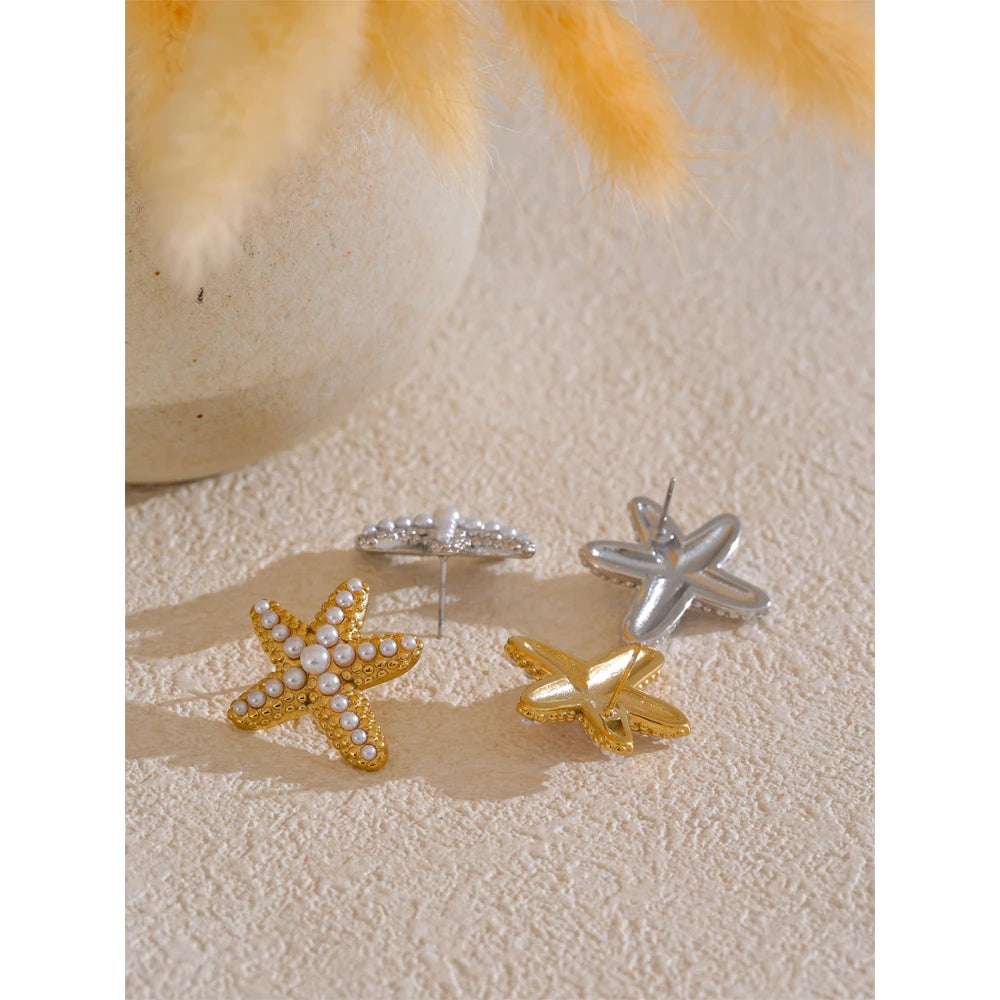 Ocean Starfish Pearl Stud Earrings Stainless Steel Vintage