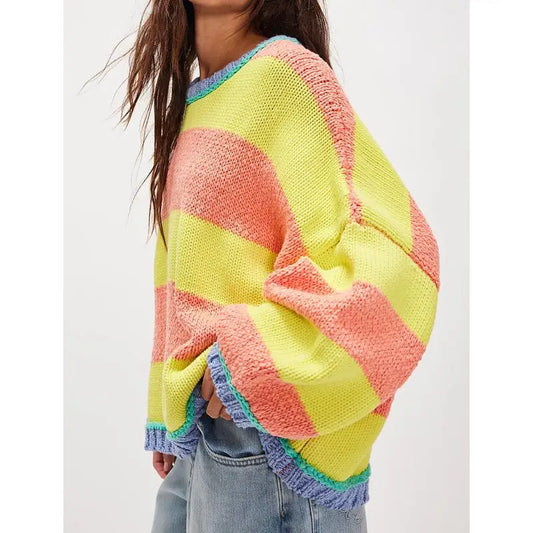Women Striped Crew Neck Sweater Loose Fit Casual Knit Pullover Top