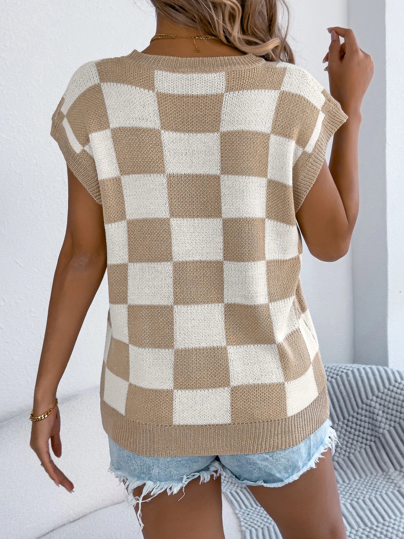 Color Block Plaid Knit Top Short Sleeve Pullover