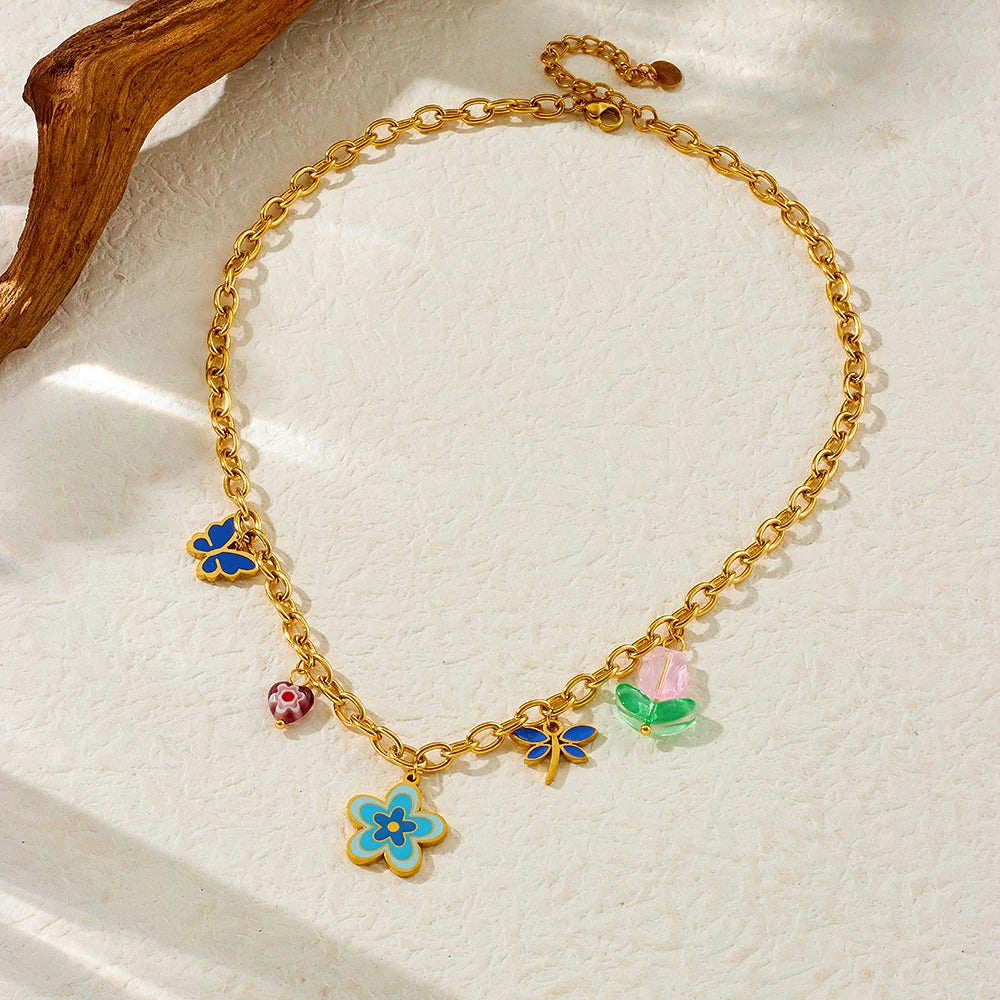 Elegant Blue Enamel Vintage  Flower Stainless Steel Jewelry Set
