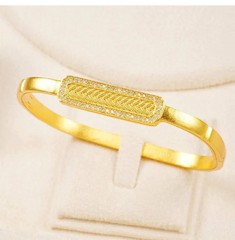 24K Women’s Gold Tone Zircon Bangle Wheat Square Design Adjustable Gift Bracelet