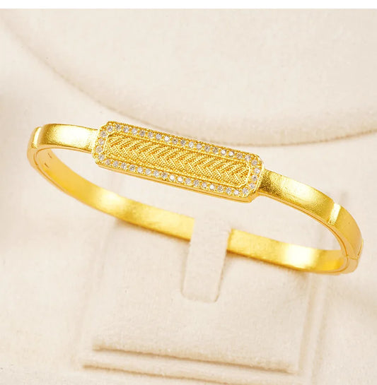 24K Women’s Gold Tone Zircon Bangle Wheat Square Design Adjustable Gift Bracelet