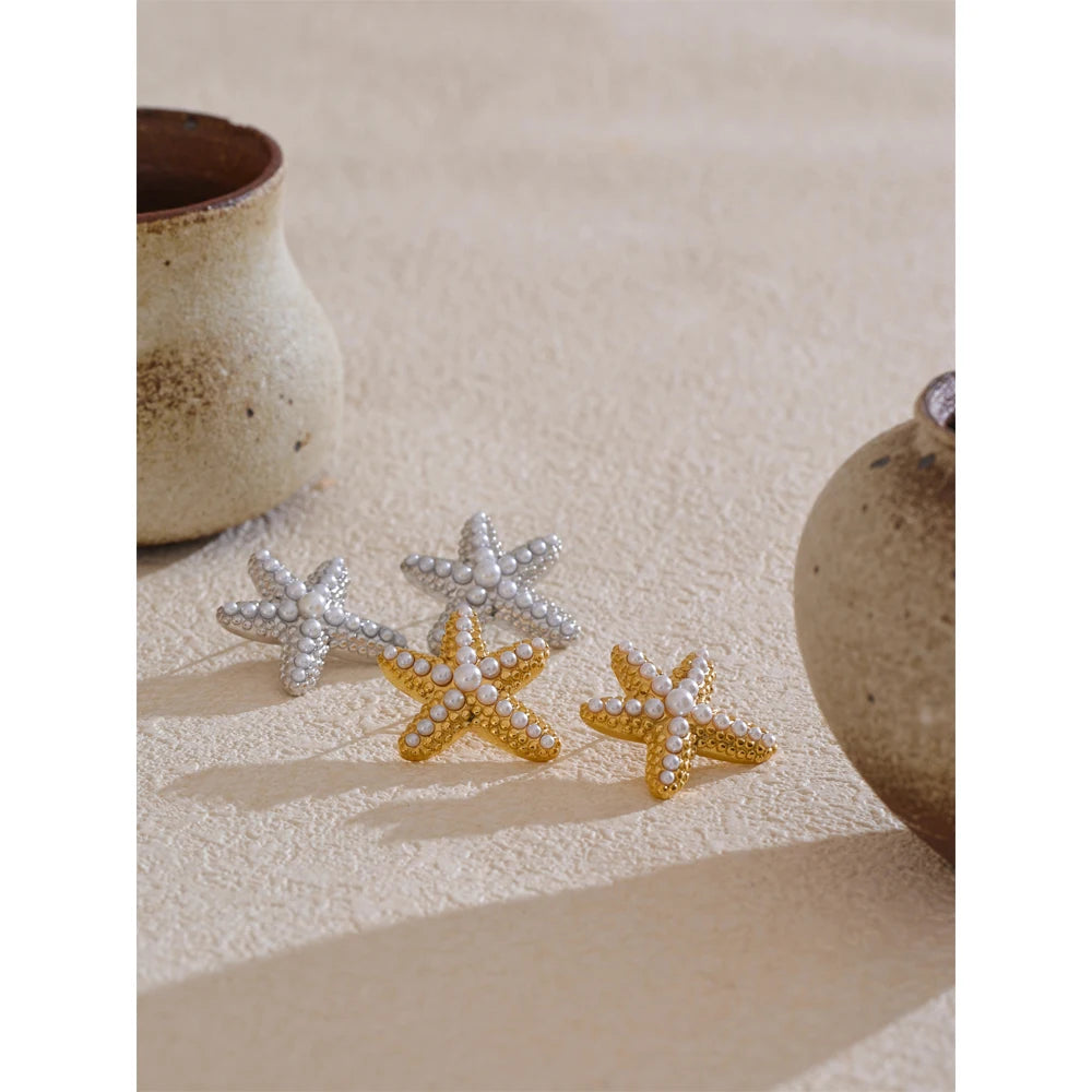 Ocean Starfish Pearl Stud Earrings Stainless Steel Vintage
