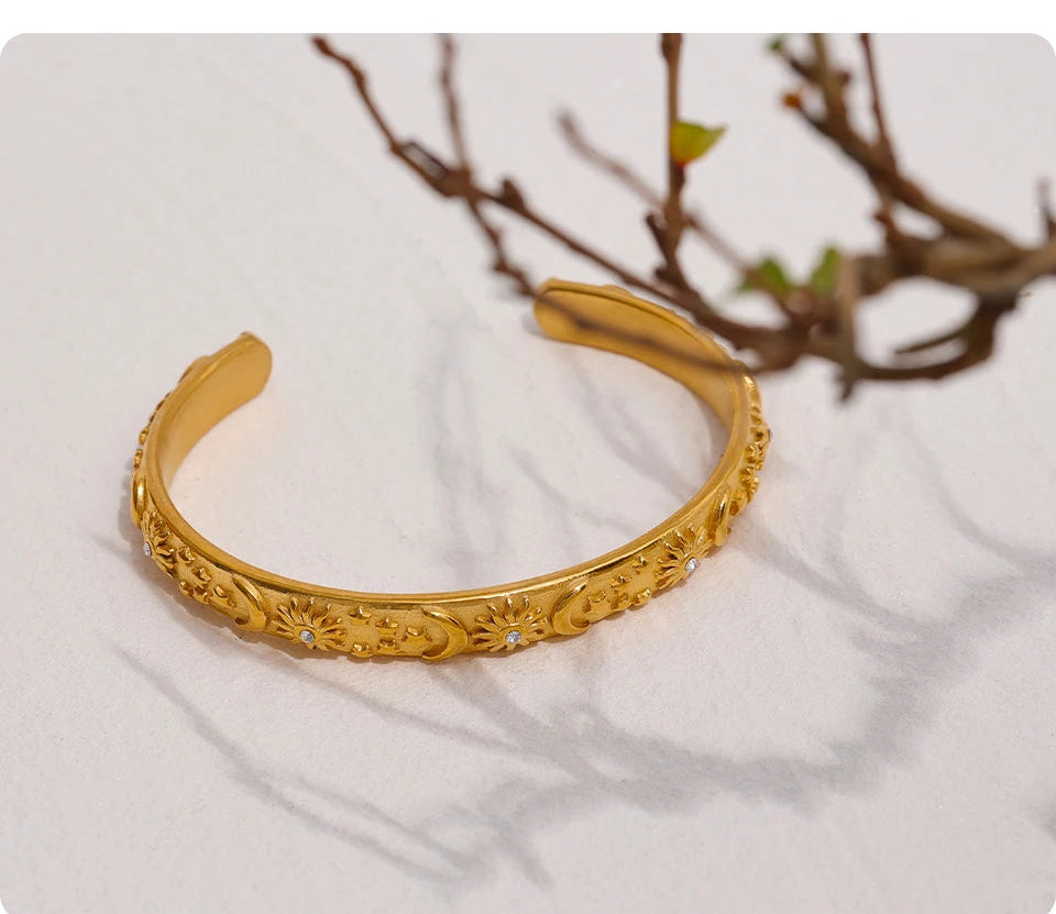 Vintage Gold Moon Star Sun Cuff Waterproof Stainless Steel Bangle