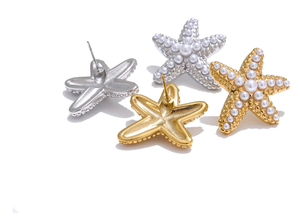 Ocean Starfish Pearl Stud Earrings Stainless Steel Vintage