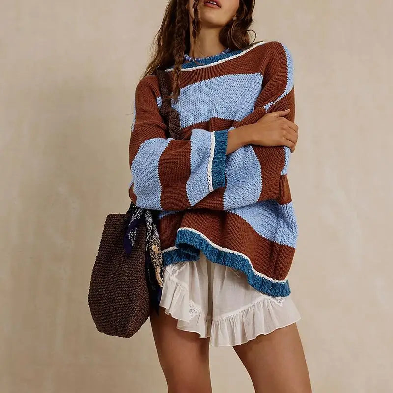 Women Striped Crew Neck Sweater Loose Fit Casual Knit Pullover Top