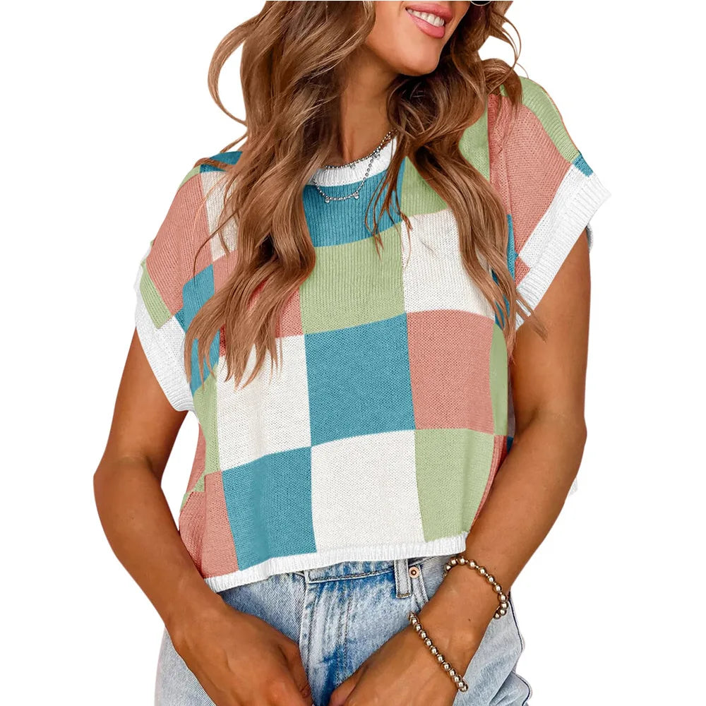 Color Block Checkerboard Knit Crop