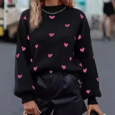 Women’s Heart Print Round Neck Sweater