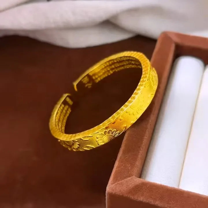 24K Gold AU 999 Vintage Sunflower Open Bangle