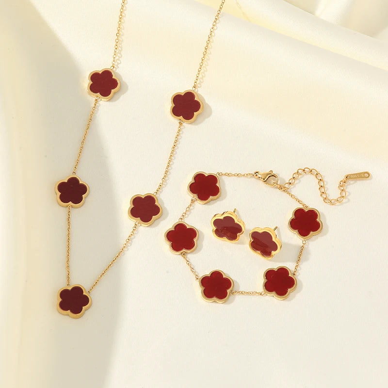 Five Clover Necklace Bracelet Earrings 18K Gold Plated Jewelry Set
