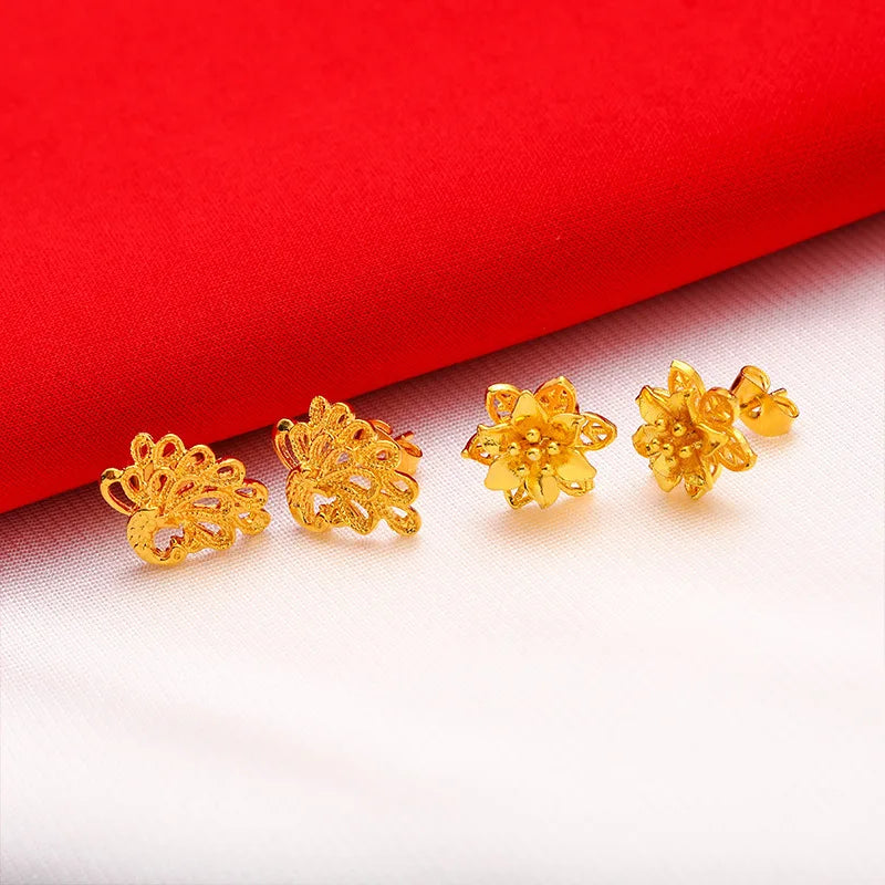 24K Gold Flower Euro  Coin Stud Earrings Vintage