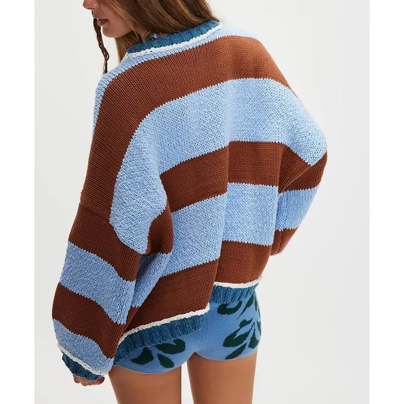 Women Striped Crew Neck Sweater Loose Fit Casual Knit Pullover Top