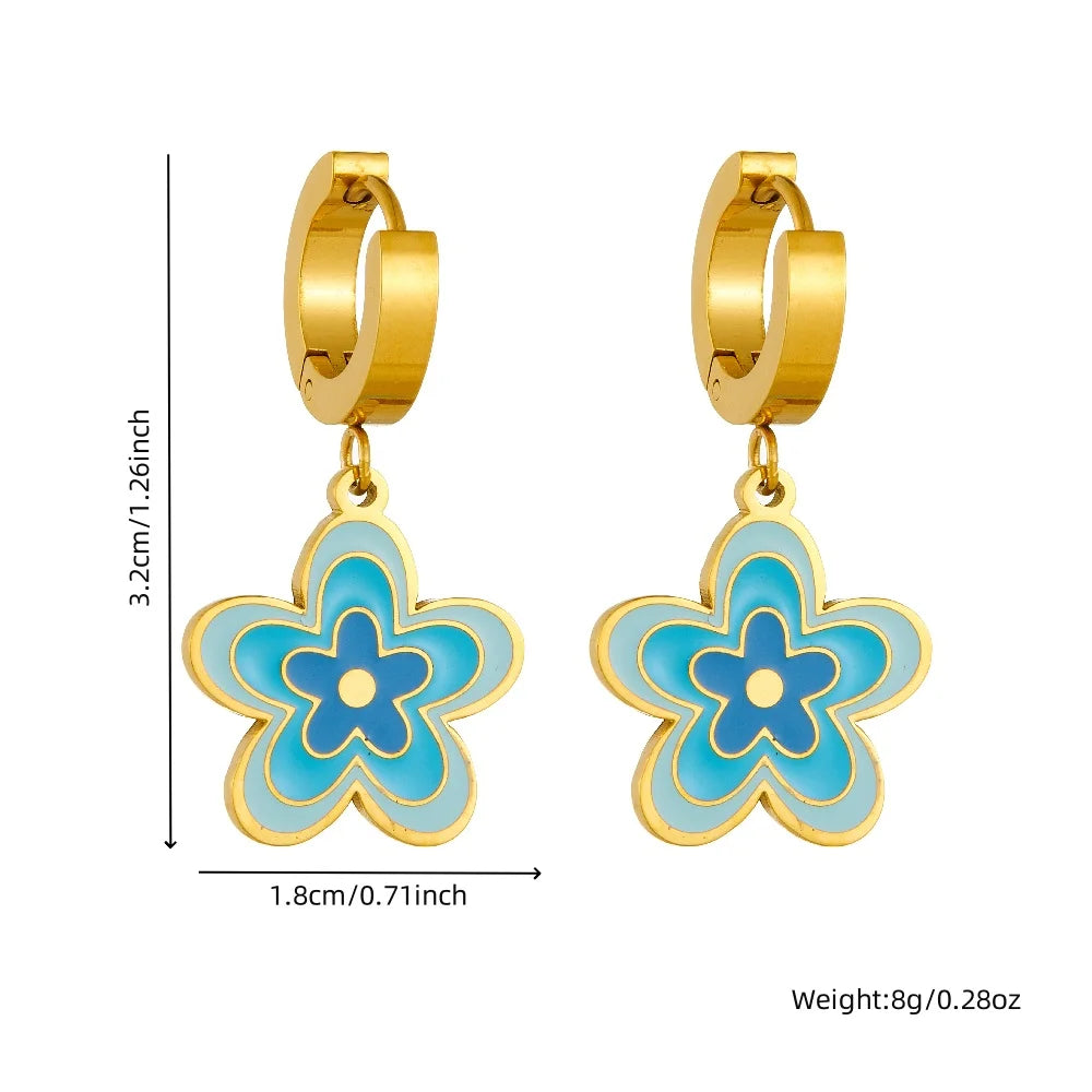 Elegant Blue Enamel Vintage  Flower Stainless Steel Jewelry Set