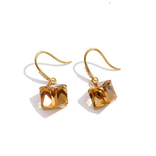 Vintage Gold Crystal Square Drop Earrings