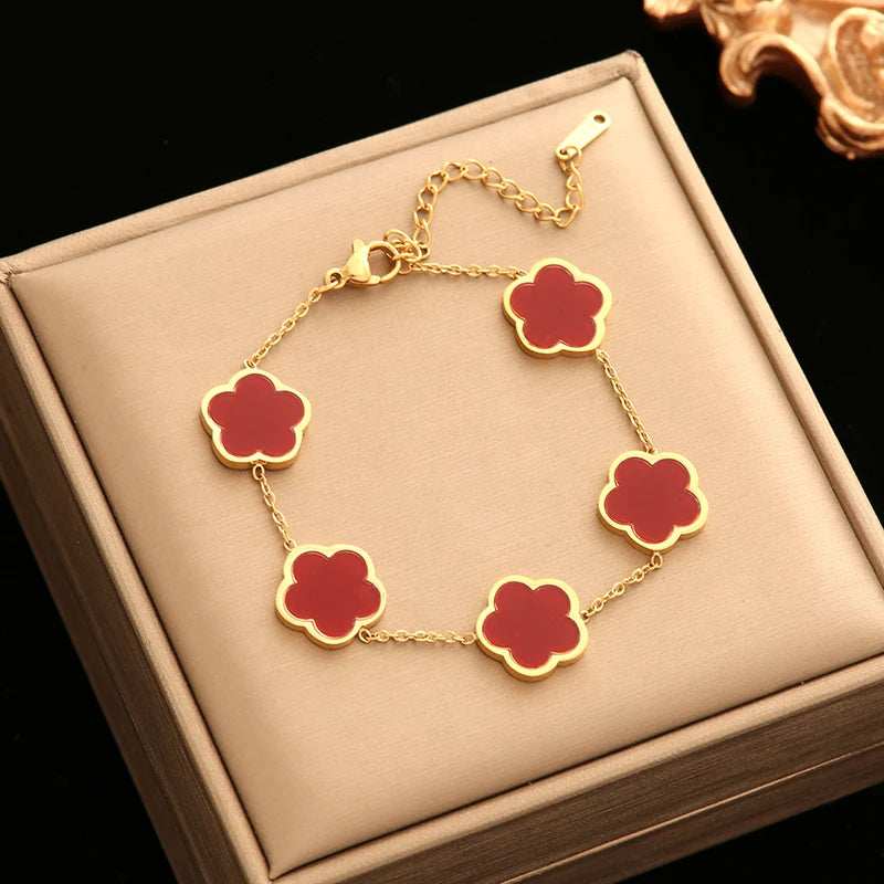 Five Clover Necklace Bracelet Earrings 18K Gold Plated Jewelry Set