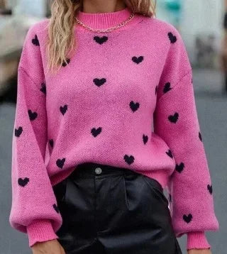 Women’s Heart Print Round Neck Sweater