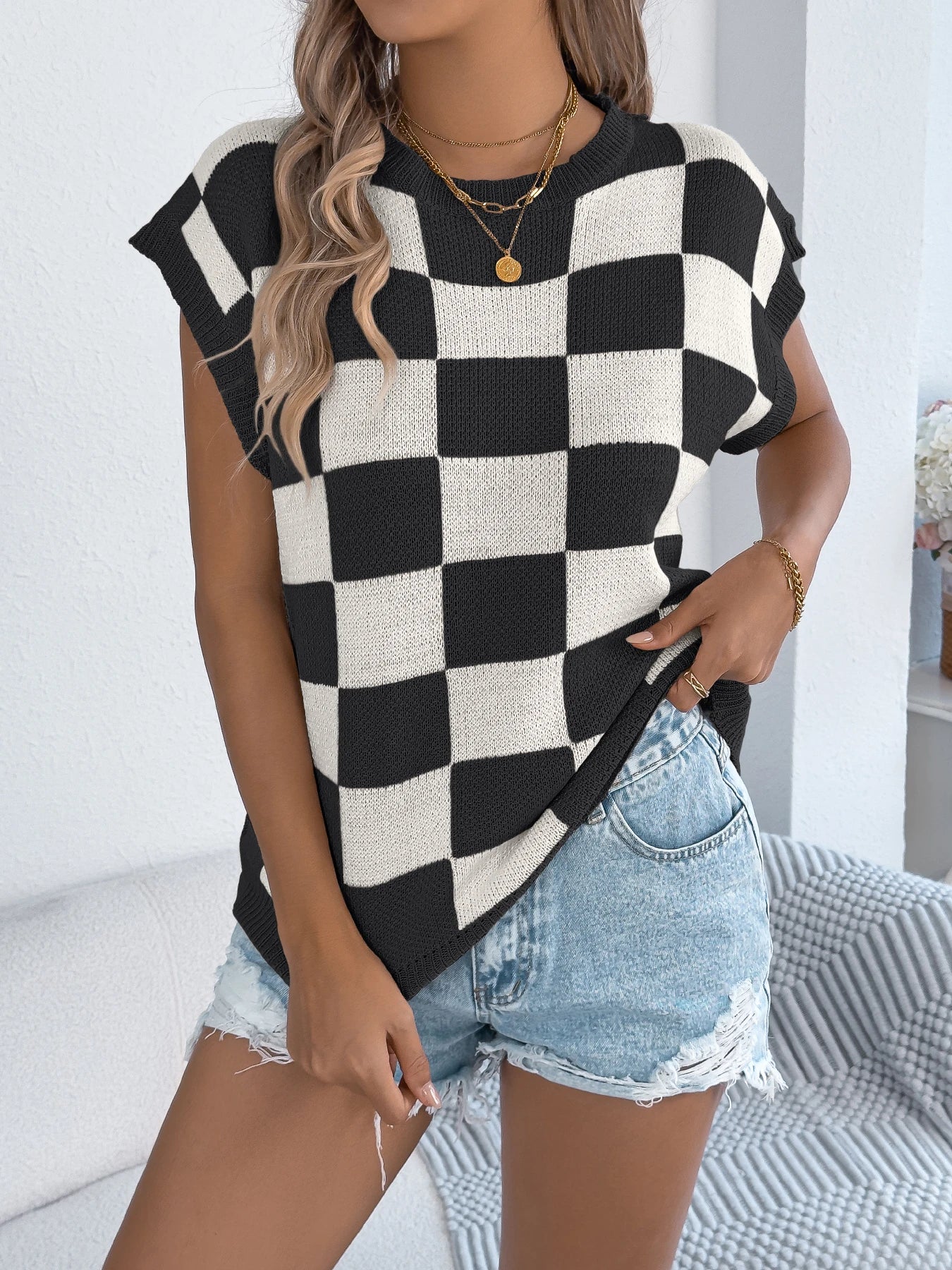 Color Block Plaid Knit Top Short Sleeve Pullover