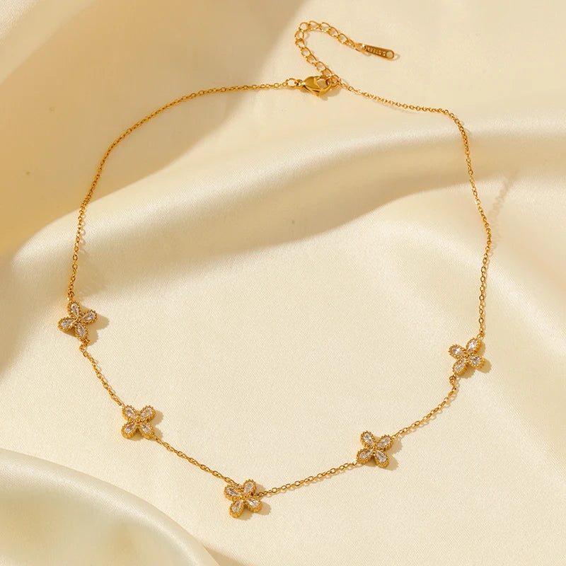 Gold-Tone Flower Zirconia Jewelry Set  Waterproof Stainless Steel