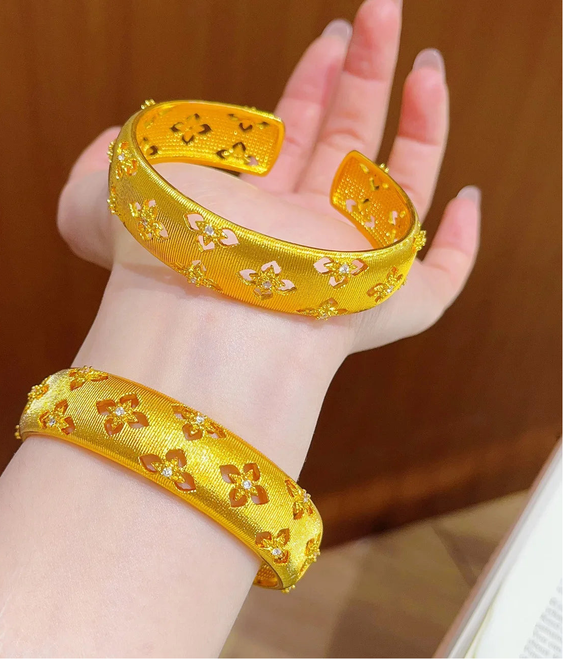 24K Gold Filled Clover Cuff Bangle Bracelet for Women Lucky Hollow Design Zircon